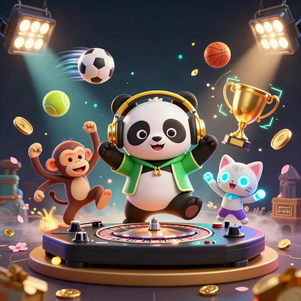 DJ panda, breakdancing monkey and glow-stick kitten amid sports balls, coins and gold light
