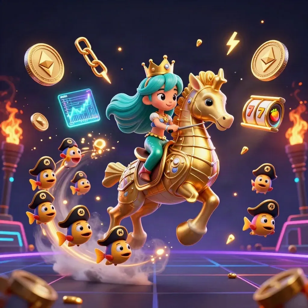 Mermaid princess on armored seahorse with pirate fish, crypto coins, neon lightning, dark casino glow.