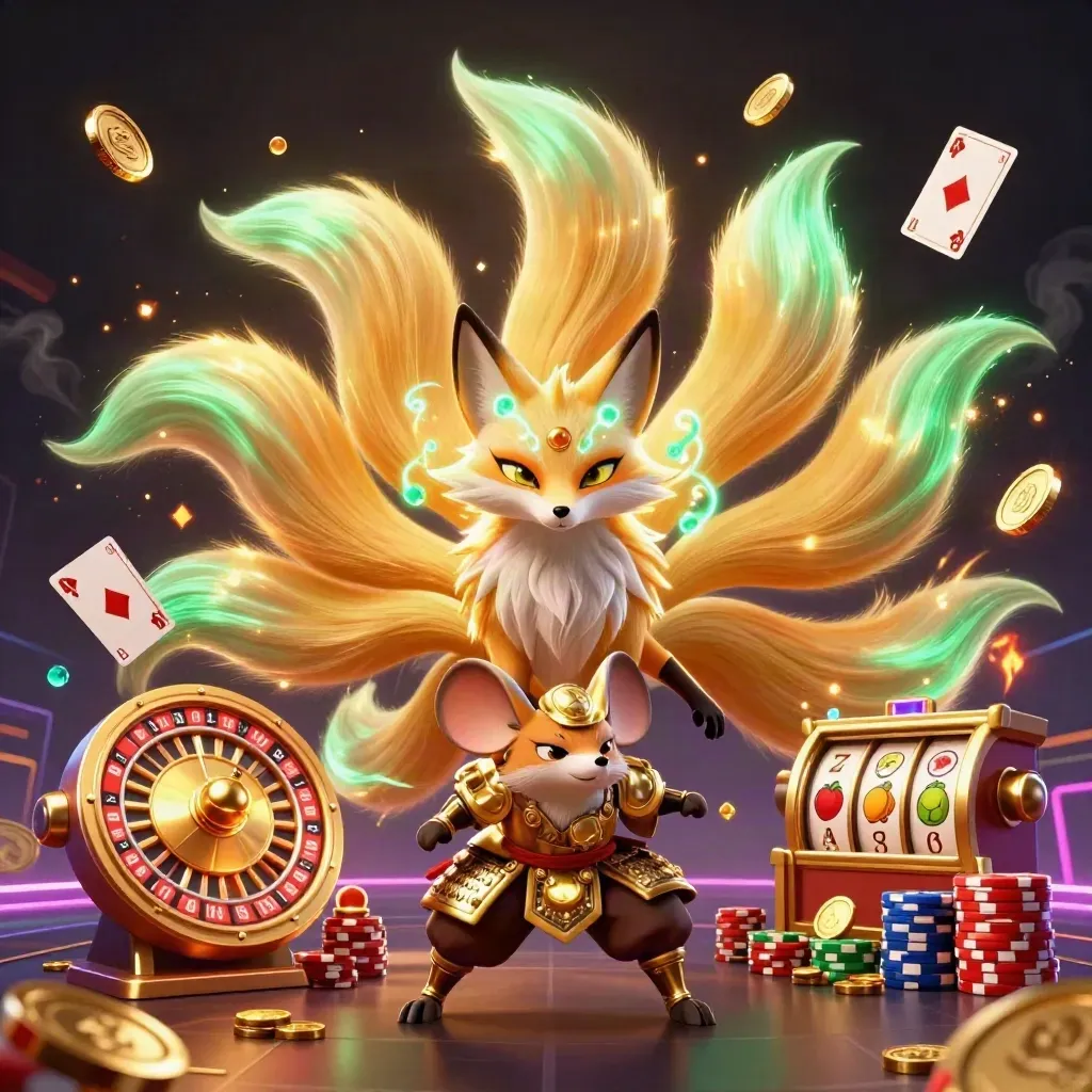 Neon fox spirit and armored mouse amid coins, gems, reels and cards in a dark casino scene.
