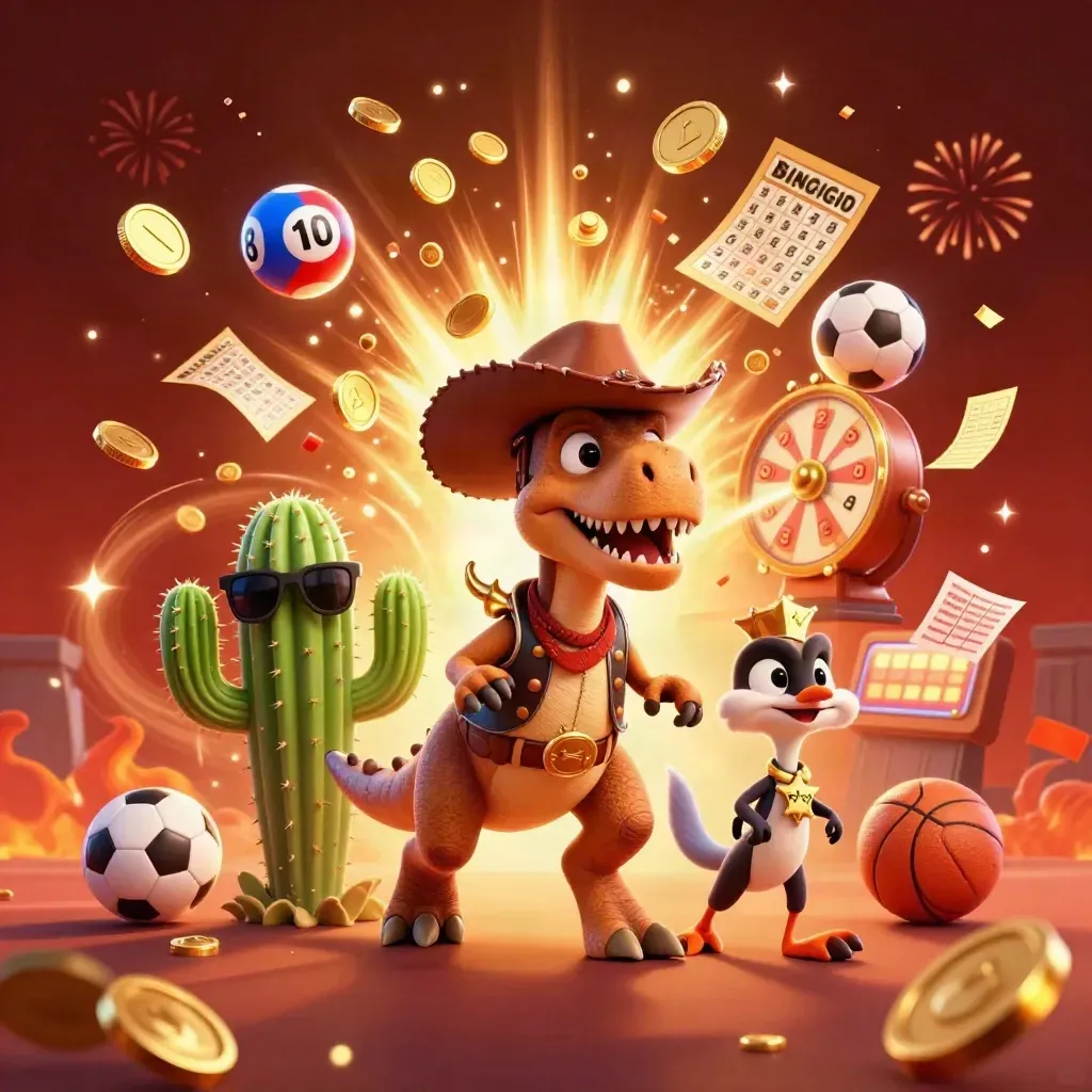 Cowboy T-Rex trio amid treasure burst, lottery balls, fireworks, and casino sports props in honey-gold glow.