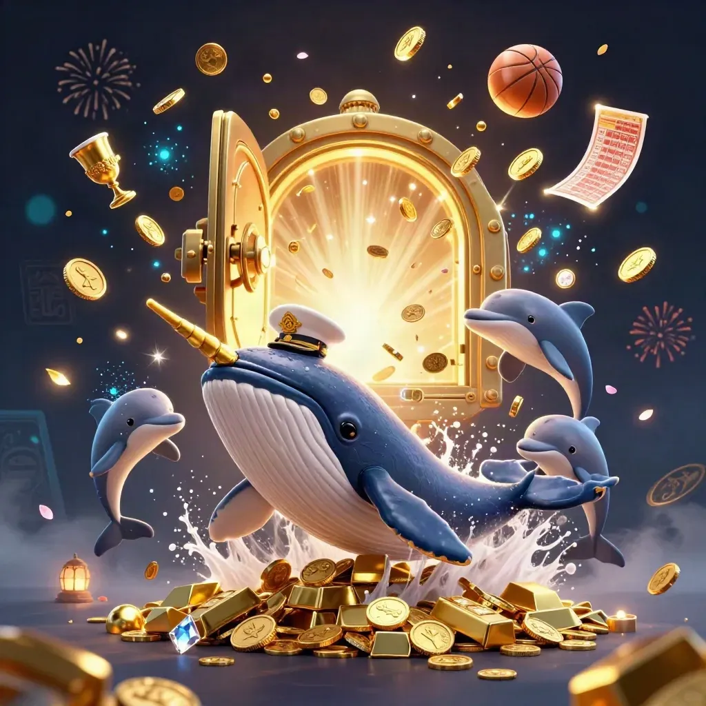 Whale captain, narwhal, dolphins, vault burst, coins, sports balls, glowing runes, dark casino magic