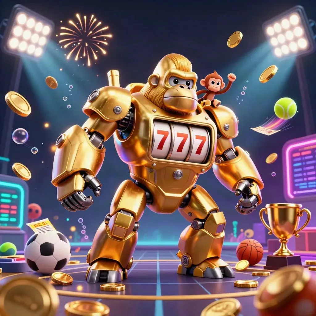 Golden gorilla mech with monkey pilot, coins, sports balls, trophy and glowing scoreboard bursting in neon light