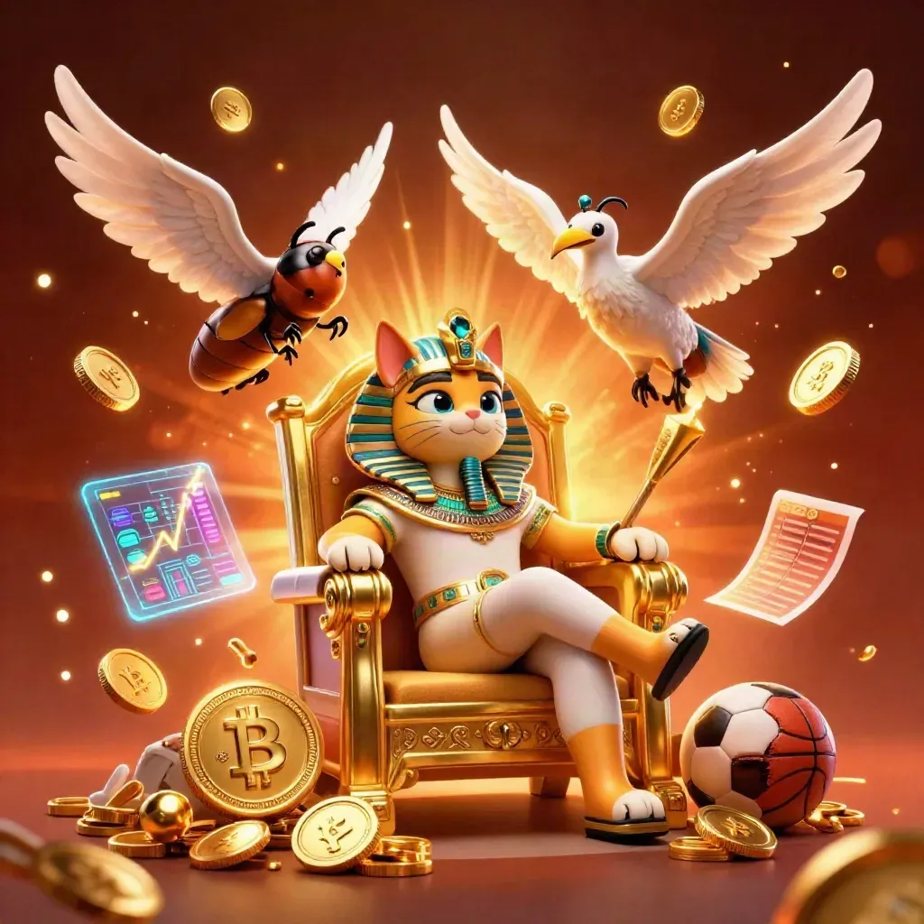 Pharaoh cat, ibis scribe, gem scarabs, gold coins, crypto glow, sports balls, fireworks.