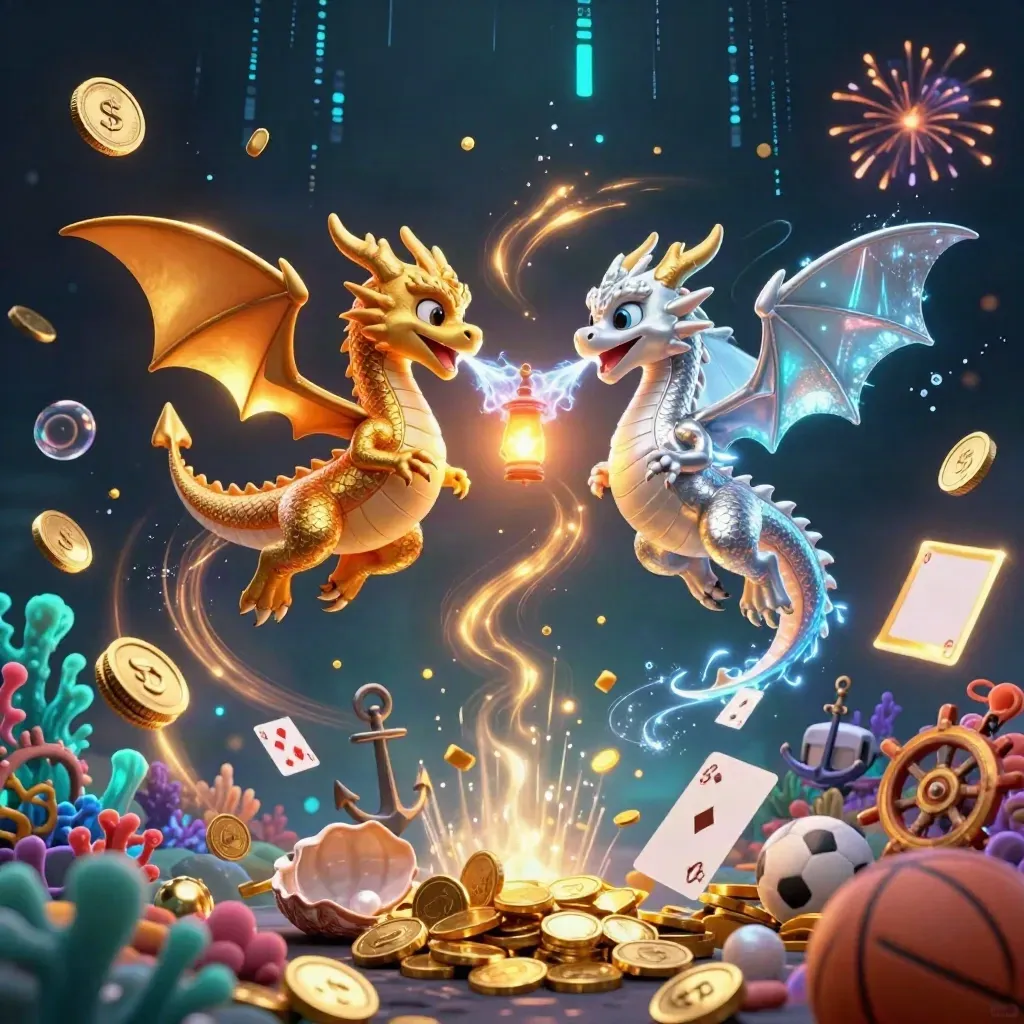 Two gold and silver dragons spiral with fire and ice over treasure, coins, sports props, and neon sparks.