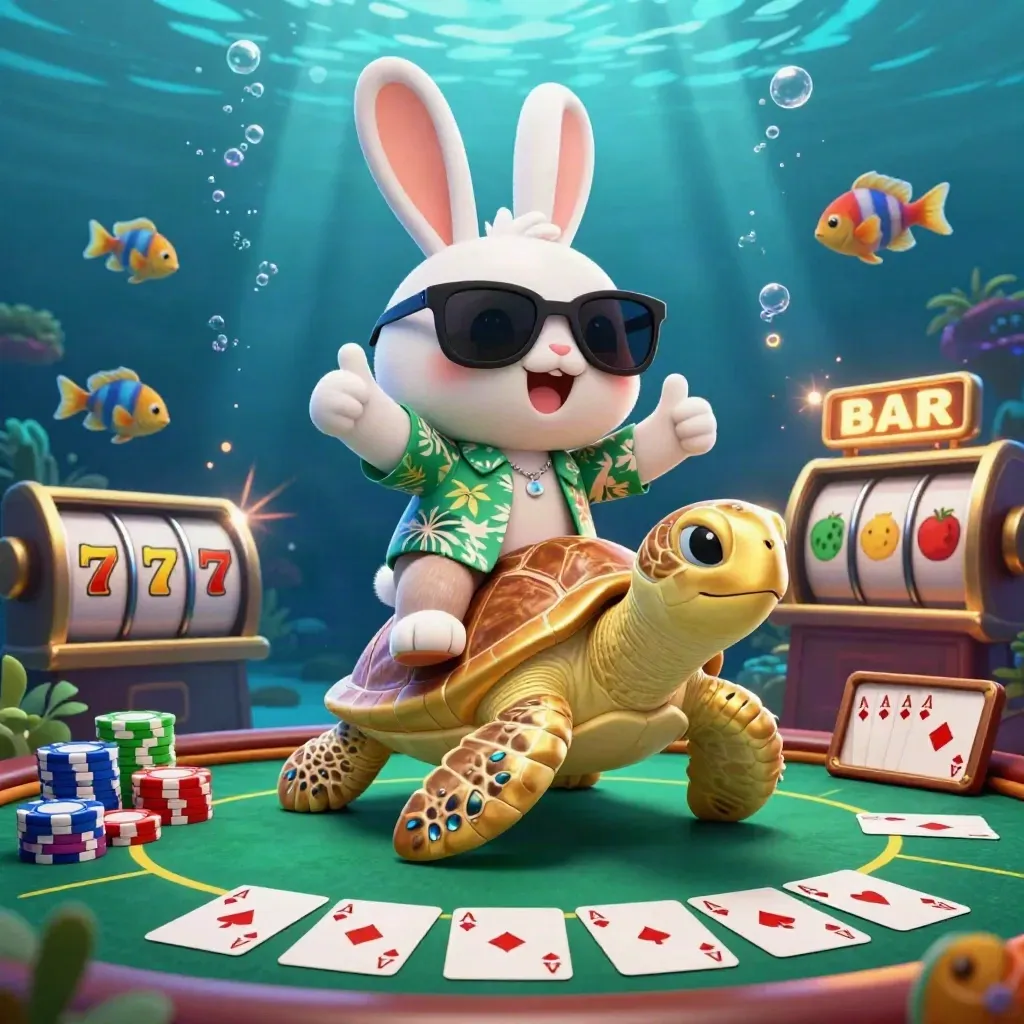 Lucky rabbit rides a golden sea turtle amid casino chips and glowing underwater neon.