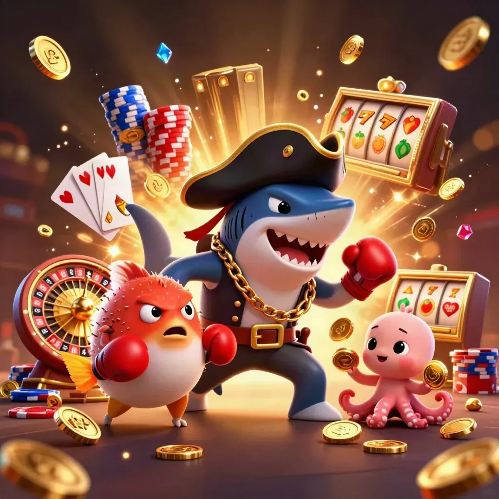 Pirate shark, boxing pufferfish and coin-juggling octopus amid casino coins and reels.