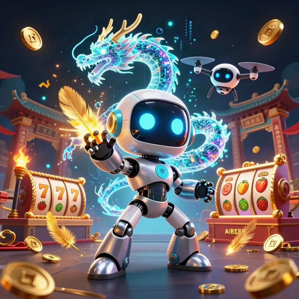 Cyberpunk robot, holographic dragon, and coin drone amid casino effects and gold bursts.