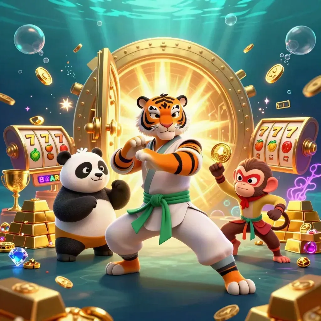 Kung-fu tiger, panda, and monkey in an underwater treasure vault with gold, bubbles, and glowing reels