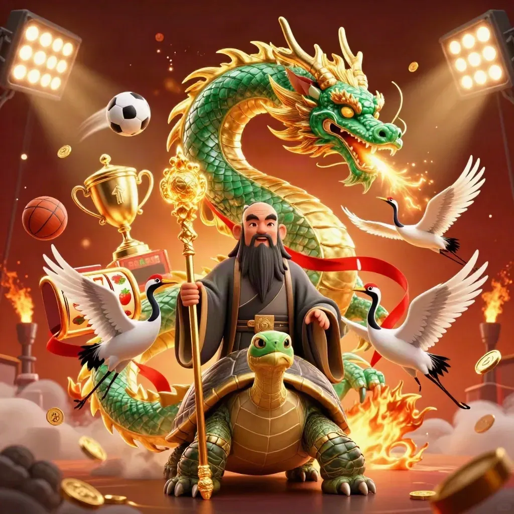 Emerald dragon, turtle sage, and cranes amid sports balls, coins, reels and golden fire