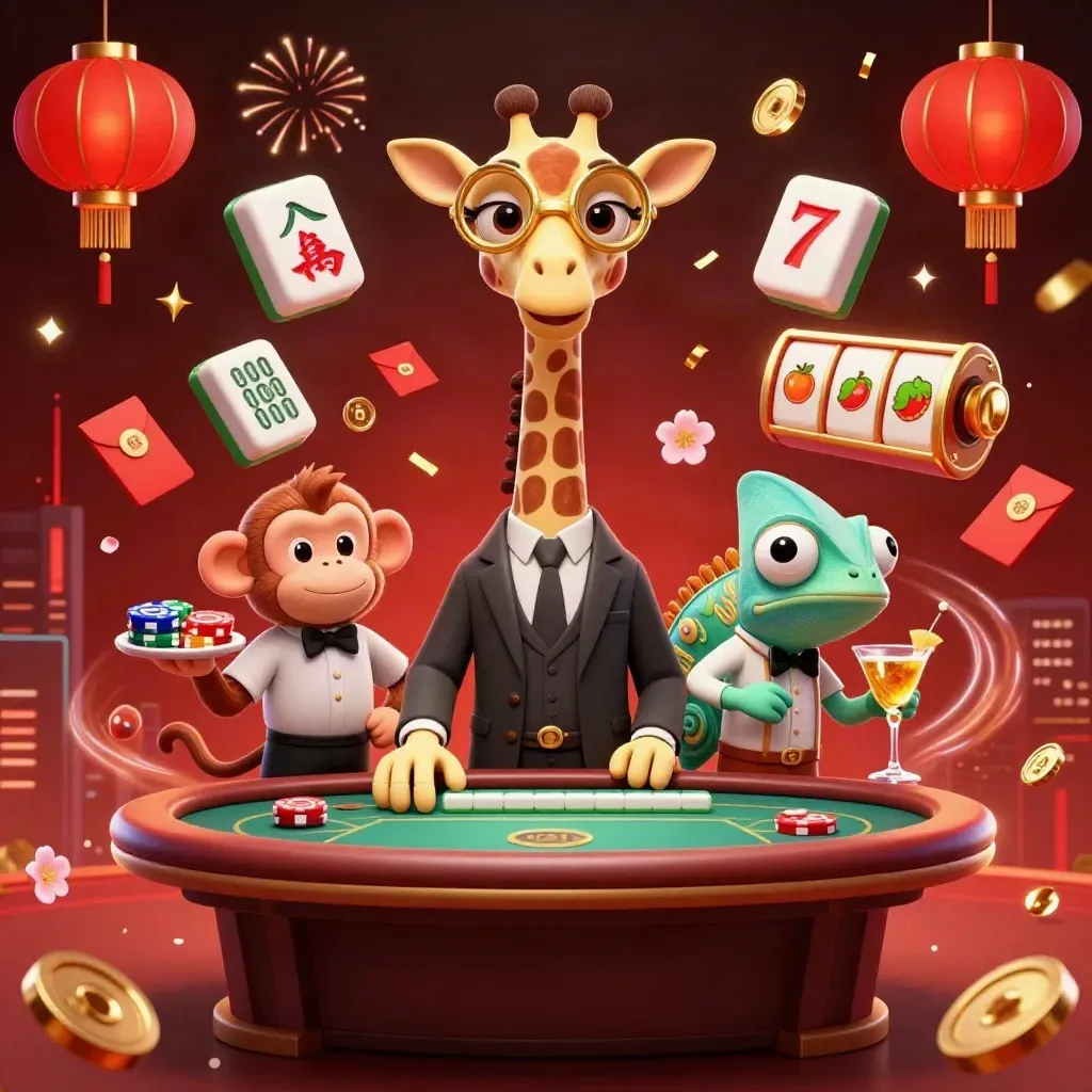 Giraffe, monkey valet, and chameleon bartender amid casino icons and fireworks