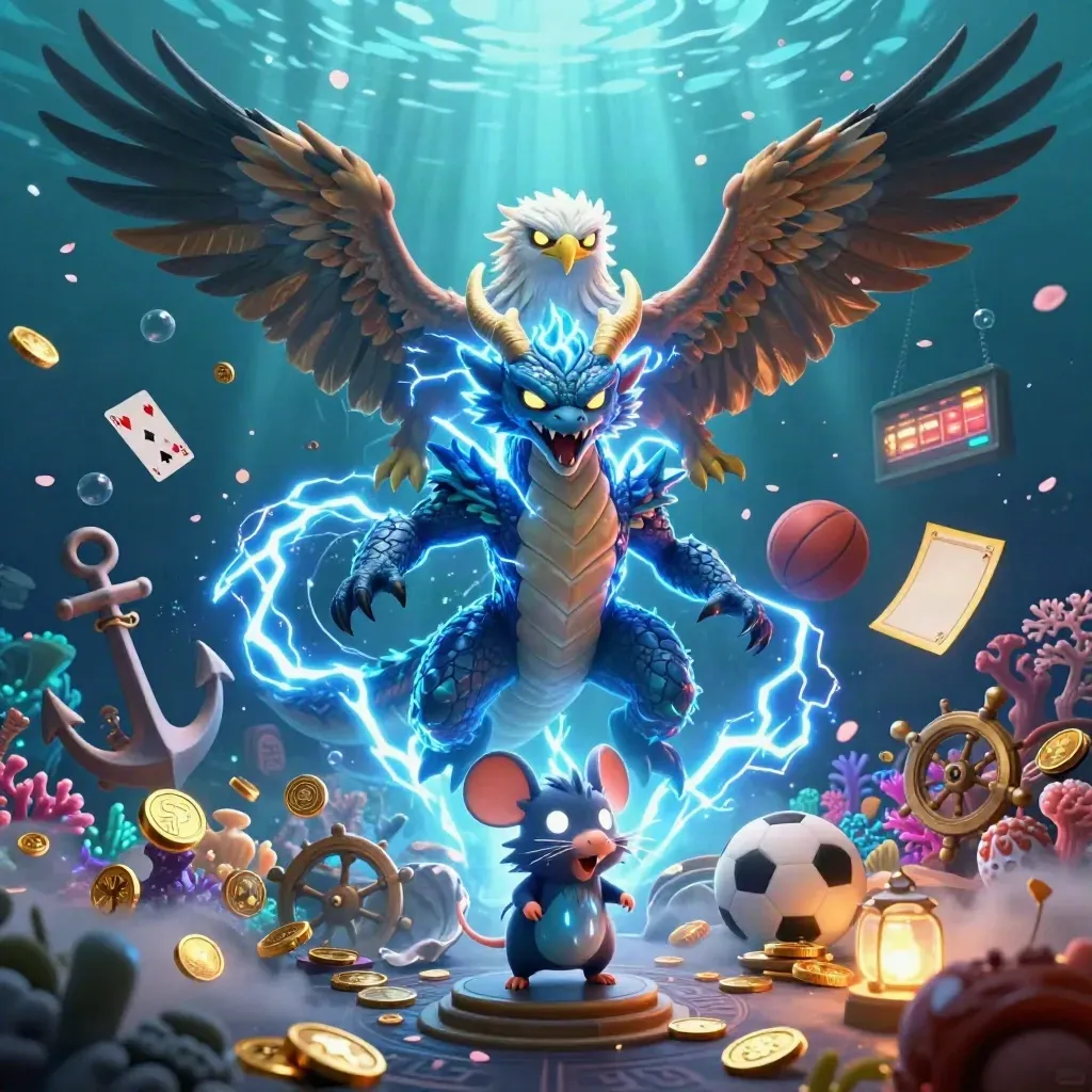 Thunder dragon, wind hawk, and thunder-mouse amid gold coins, coral, and underwater casino loot