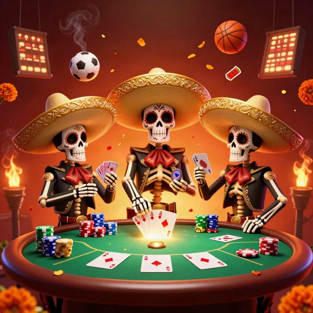 Skeleton mariachi trio around poker chips and gold casino glow, with embers and sports props