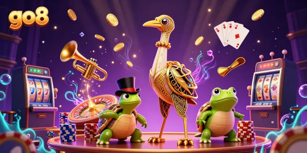 Experience thrilling gameplay with go8 at an exciting 3D casino scene filled with vibrant characters and glittering elements.