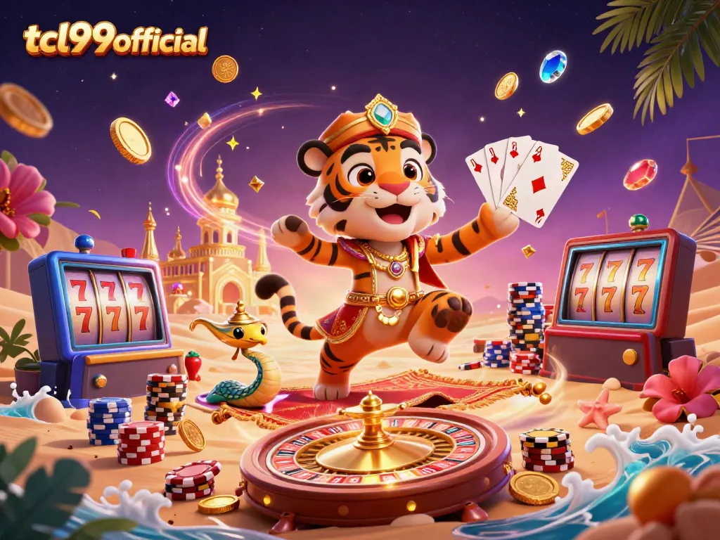 Spin and win at tcl99official with this vibrant Arabian Nights-themed casino illustration.