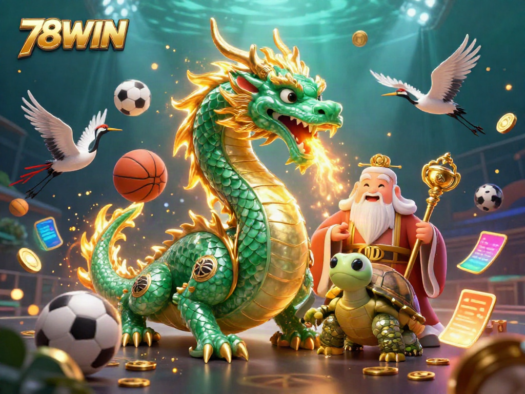 Engage with the dazzling world of 78WIN through this dynamic illustration featuring a jade dragon and multiple sports elements.
