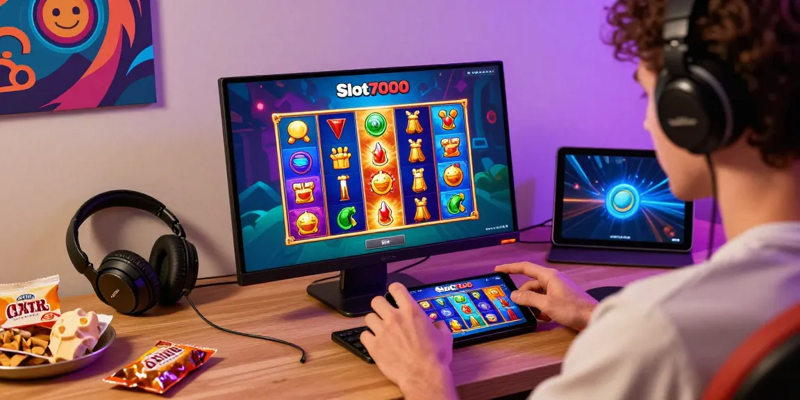 Slot7000 user enjoying a vibrant gaming session on their mobile device in a cozy setup.