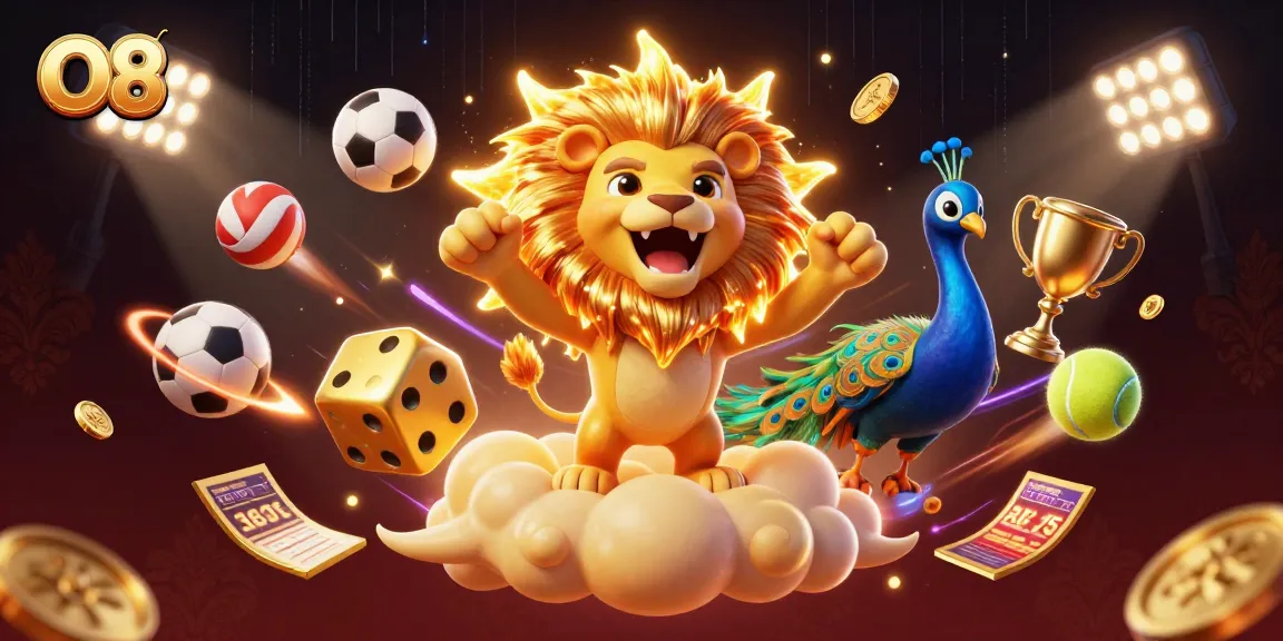 Win big at O8 with a vibrant 3D casino scene featuring dynamic winning elements.