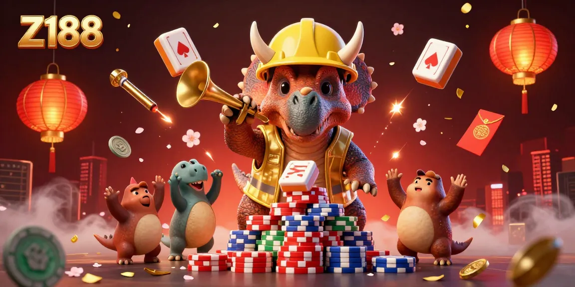 Z188 showcases thrilling casino excitement with colorful elements and characters building a poker chip pyramid.