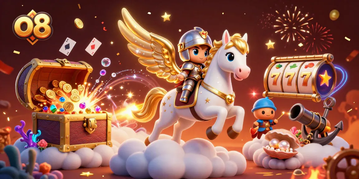 Experience the excitement of o8 with a celestial knight on a magical horse among vibrant casino elements.