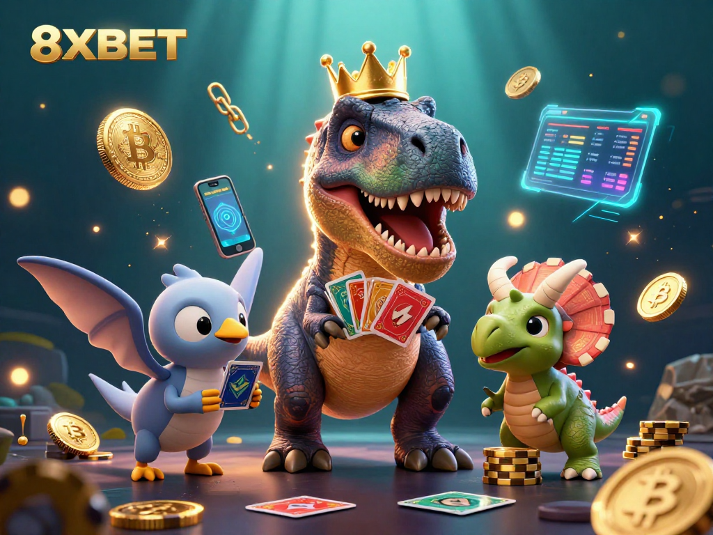 Experience thrilling gameplay at 8XBET with T-Rex shuffling cards and a baby triceratops stacking chips.