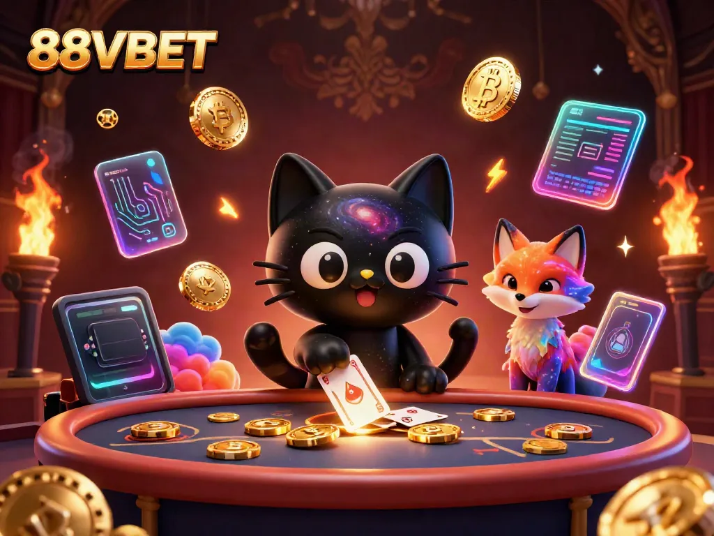 88VBET cosmic casino scene with a black hole cat and colorful fox surrounded by crypto elements.