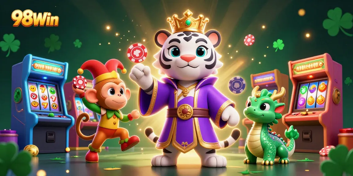 Engage with 98Win's vibrant casino scene featuring a majestic tiger and playful monkey amid colorful gaming elements.