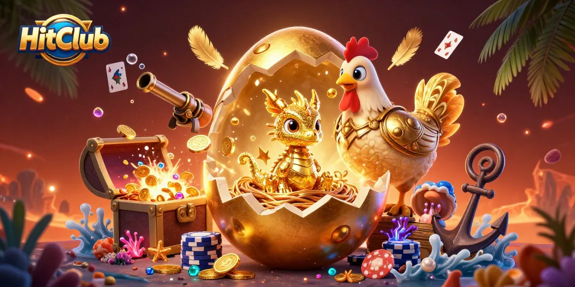 Experience thrilling jackpots with HitClub's vibrant 3D casino illustration bursting with gold and excitement.