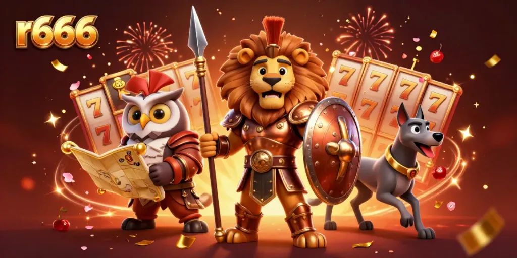 Experience thrilling gameplay at r666 featuring a Spartan lion, owl strategist, and greyhound amidst vibrant casino elements.