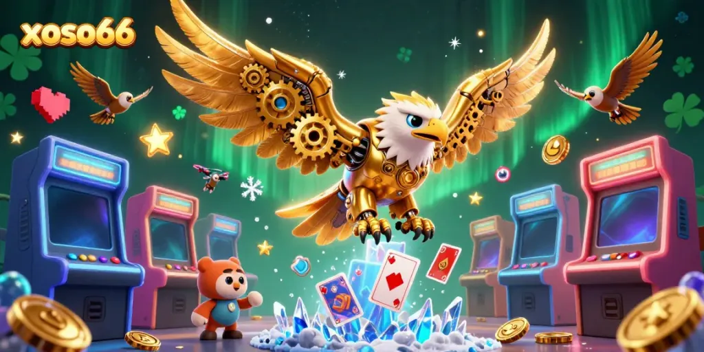 xoso66 showcases a vibrant 3D illustration of a cybernetic eagle diving through holographic cards in a dynamic casino setting