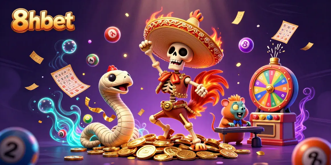 Experience 8xbet’s vibrant online gaming world with a festive scene showcasing a dancing mariachi rooster surrounded by colorful lottery elements.