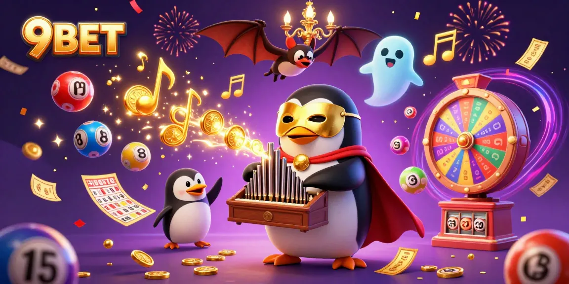 Experience the thrilling excitement of 9BET with a vibrant cartoon scene of gambling action.