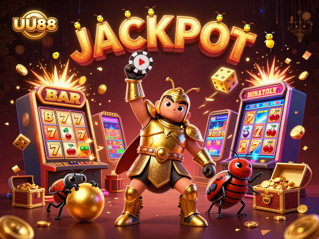 UU88 showcases a victorious beetle lifting a poker chip amidst casino symbols, celebrating jackpots.