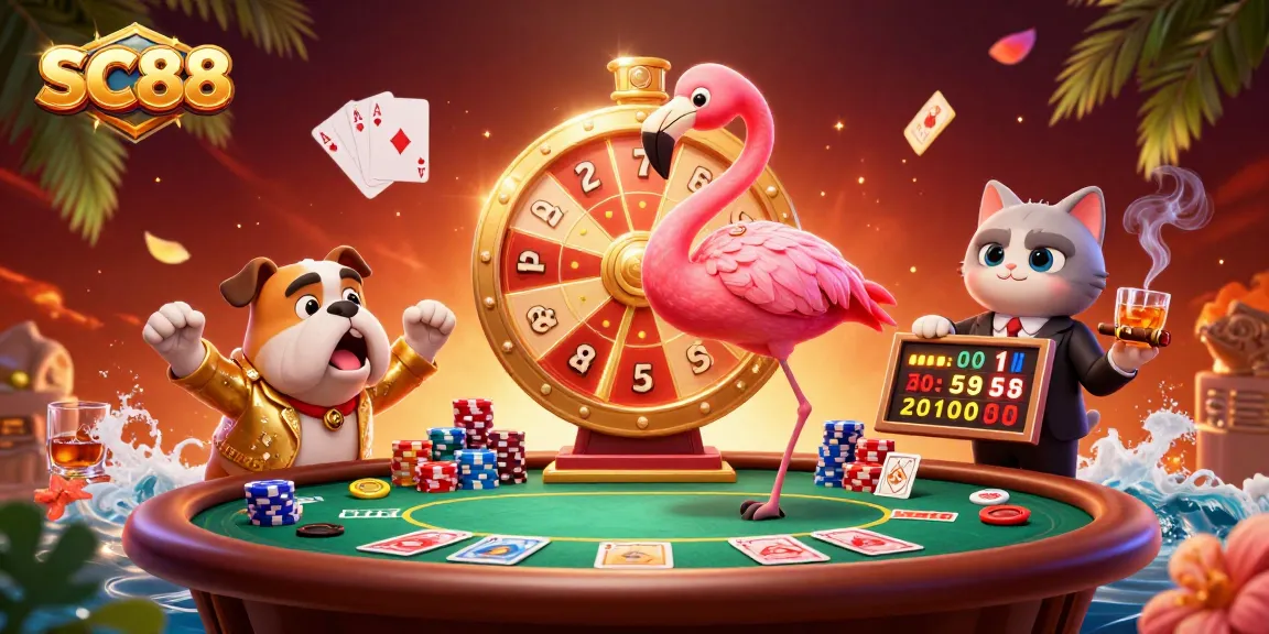Engage with SC88's thrilling gaming environment featuring vivid characters and dynamic casino elements.