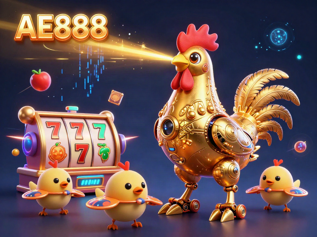 Experience dynamic slot gameplay with AE888's vibrant golden rooster robot and baby chick drones.