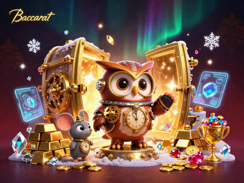 Baccarat-focused scene showcasing an owl and clockwork mouse in a steampunk casino with gold treasures.