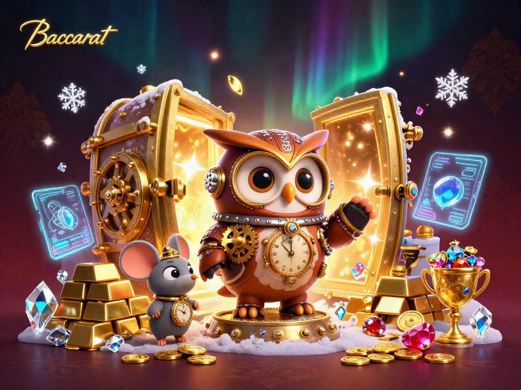 Baccarat-focused scene showcasing an owl and clockwork mouse in a steampunk casino with gold treasures.
