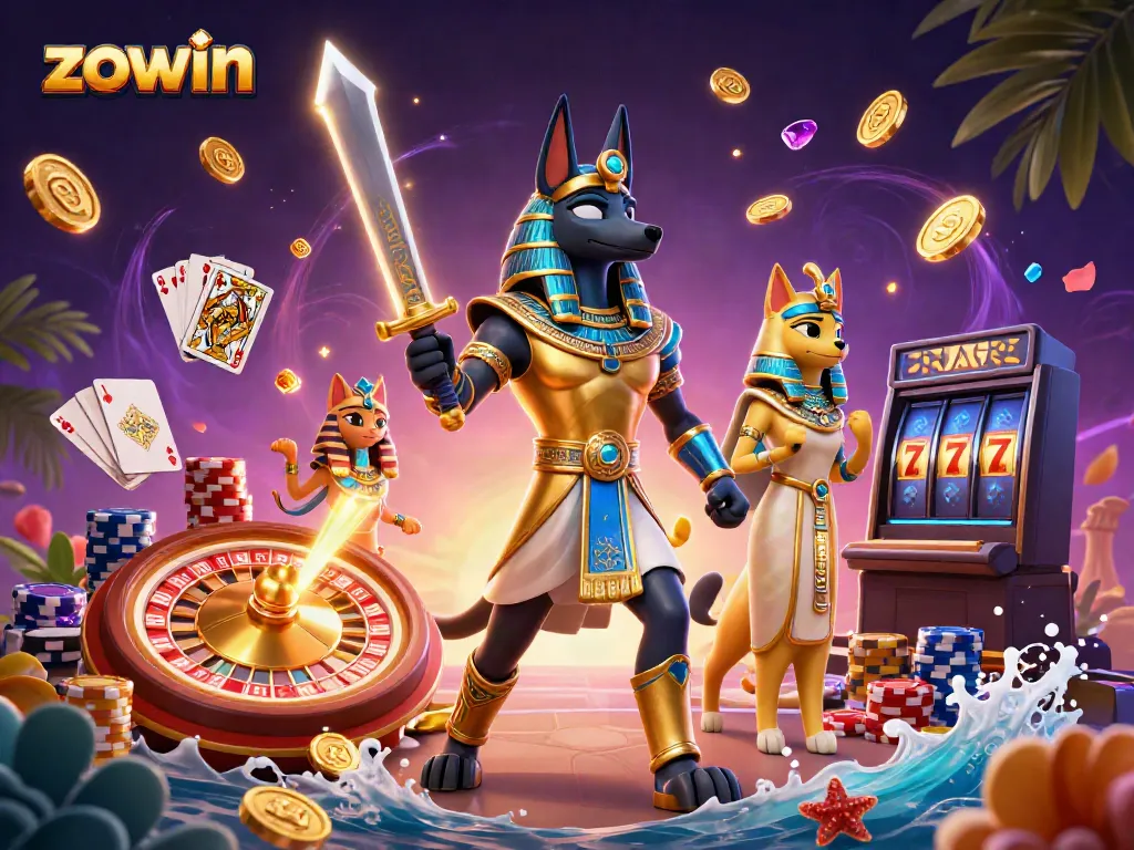 Zowin showcases an explosive 3D casino scene with Anubis and Bastet, golden coins, and vibrant game elements.