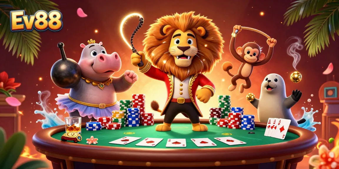 Engage with thrilling poker action at Ev88 featuring vibrant characters and dynamic casino elements.