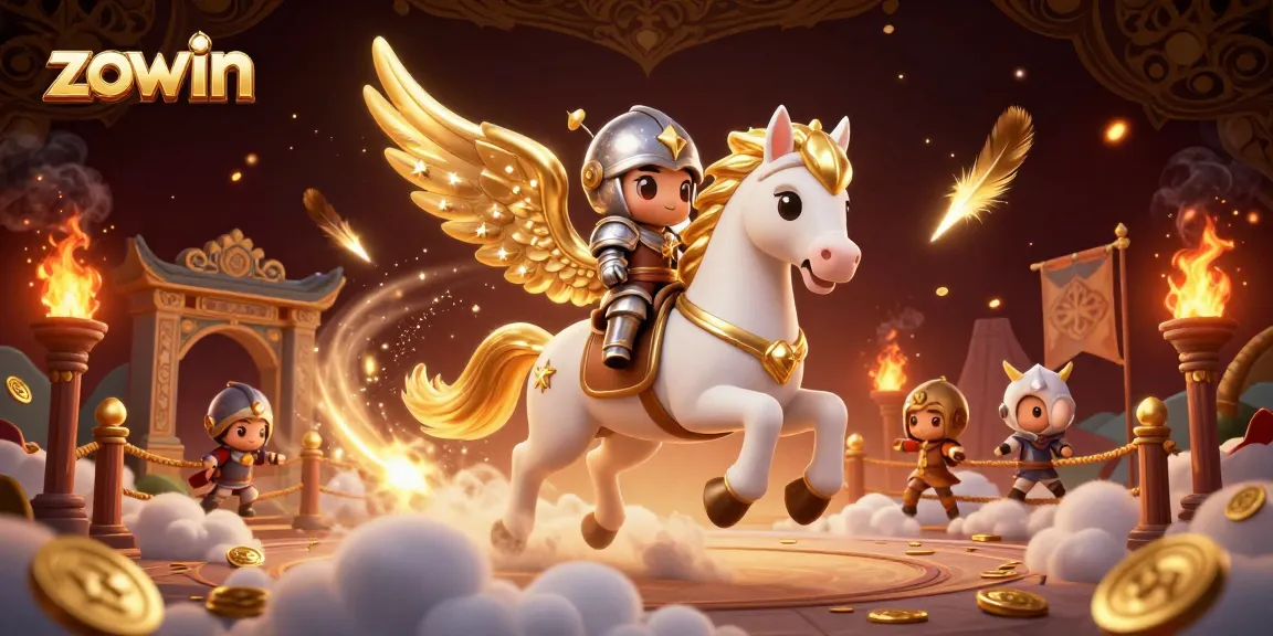 Zowin action illustration with a celestial horse, knight, and vibrant casino game elements.