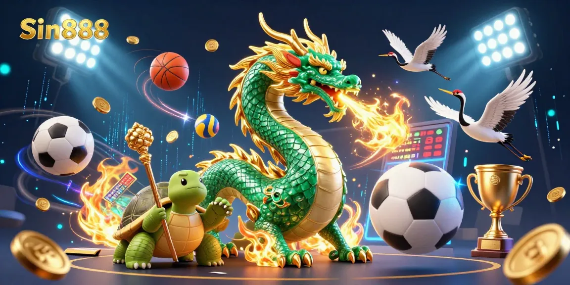Experience Sin888's thrilling 3D illustration showcasing a dragon, turtle, and lucky cranes amidst vibrant casino elements.