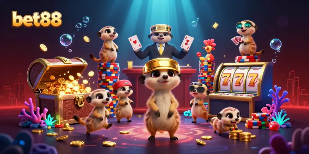 Experience an exciting bet88 casino scene with playful meerkats engaging in games.