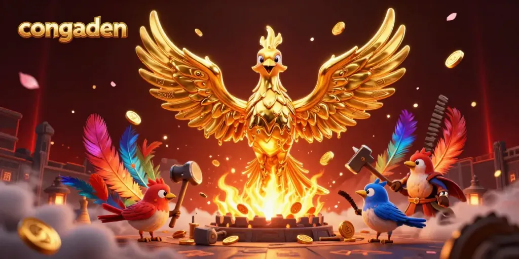 Witness the thrilling action of congaden with a molten golden phoenix in a dynamic cockfighting arena scene.