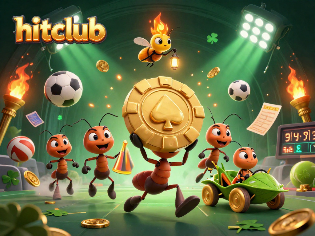 Kickstart your adventure with hitclub as cartoon ants heist a giant poker chip, surrounded by vibrant gambling elements.
