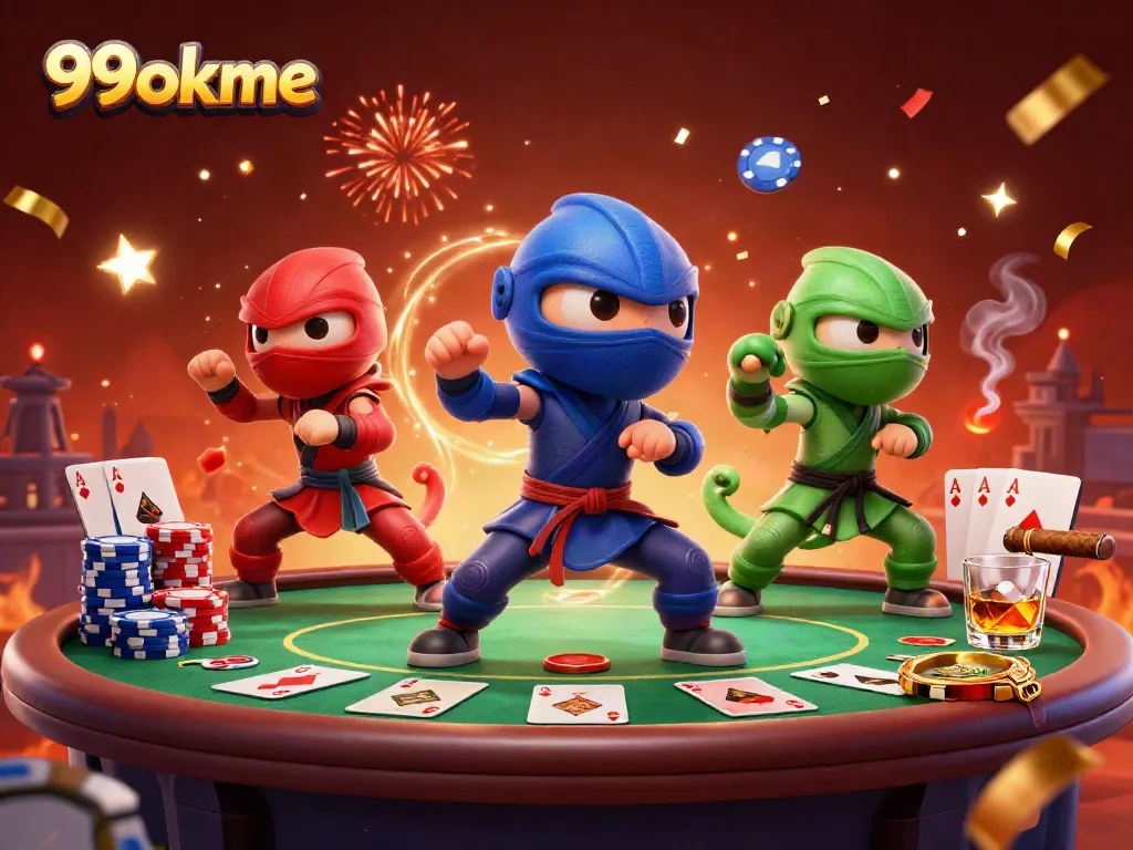 Experience thrilling action with 99okme’s ninja chameleons showcasing their skills amidst vibrant casino elements.