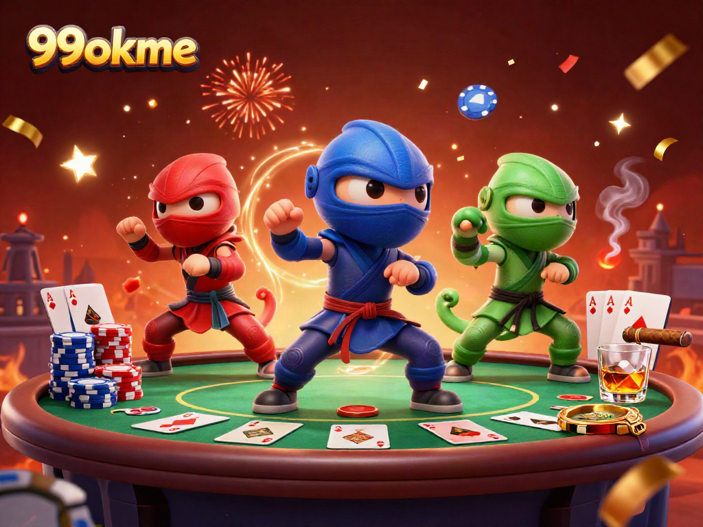 Experience thrilling action with 99okme’s ninja chameleons showcasing their skills amidst vibrant casino elements.