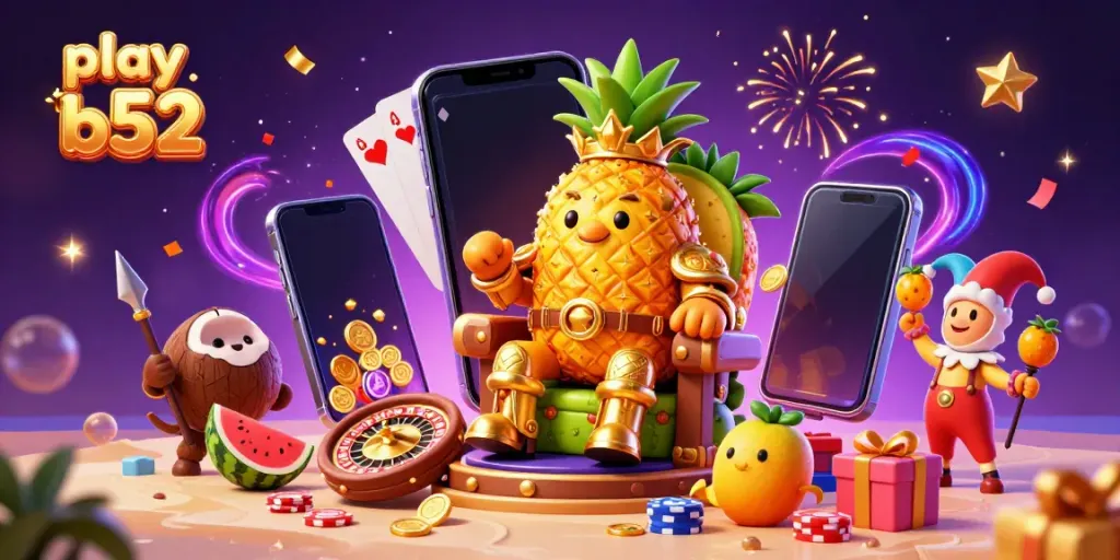 Join the excitement and play b52 in this vibrant casino scene featuring a golden pineapple king and colorful game elements.
