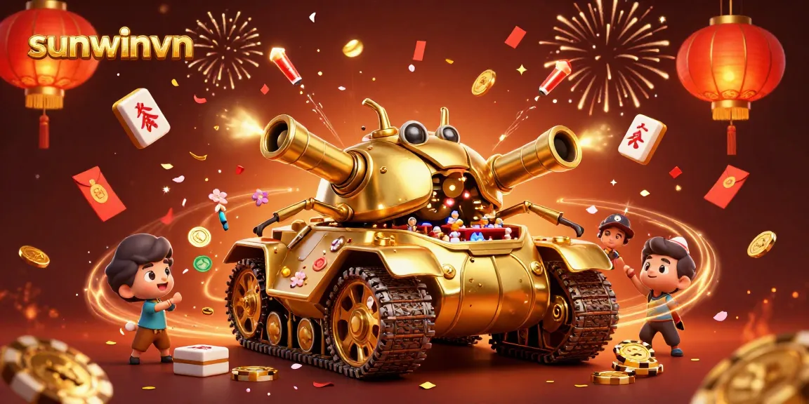 Experience the excitement of sunwinvn with a vibrant 3D illustration showcasing a golden beetle tank casino.