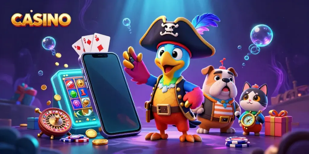 Experience the vibrant energy of CASINO gaming with a pirate captain, bulldog, and cat in a bustling 3D scene.