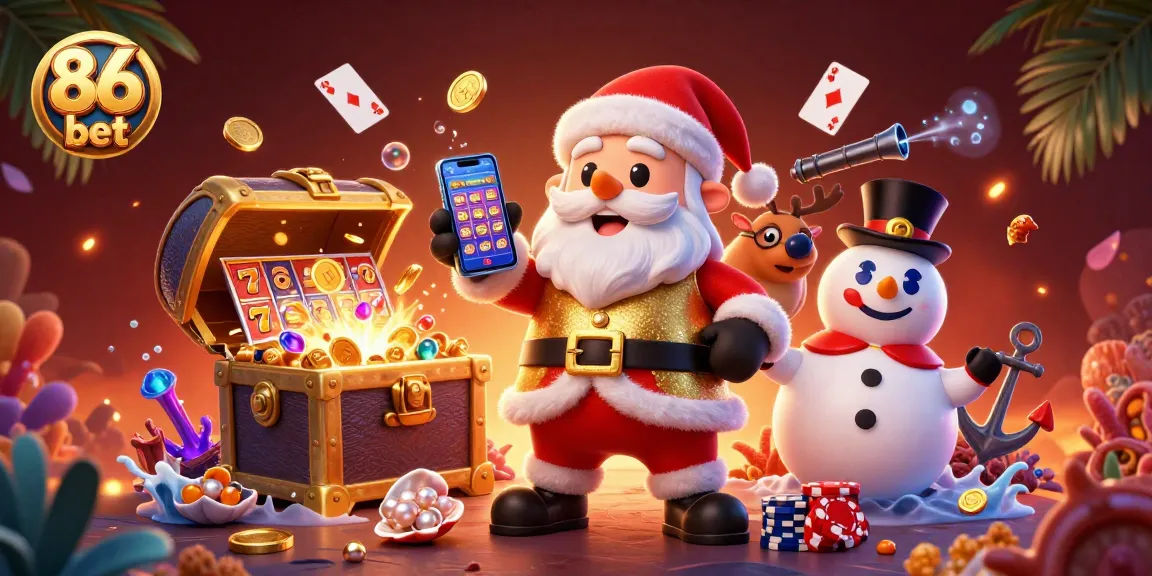 Win big at 86 bet with Santa in a vibrant casino scene featuring exciting slot games.