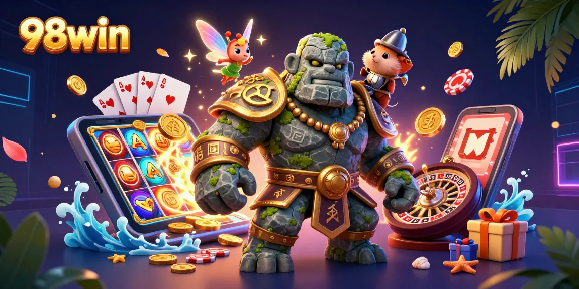 Spin slots with 98win's lively golem guardian and fairy magic in a vibrant casino scene.